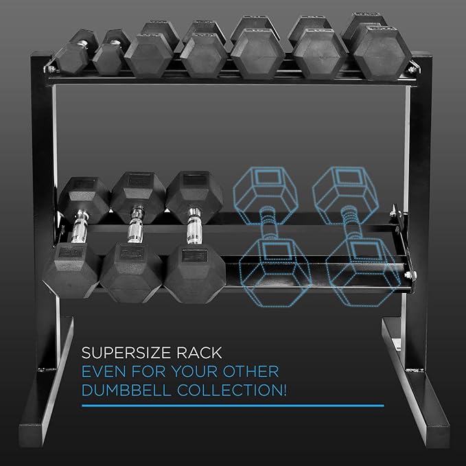 WF Athletic Supply Rubber Coated Hex Dumbbell Set with Two Tier Premium Storage Rack Built for Strength Building, Weight Loss & Home Gym ??Multiple Sets Available