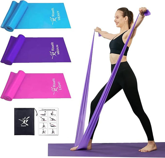 Therapy Flat Resistance Bands Set, Latex Free Flat Elastic Exercise Stretch Bands for Stretching, Flexibility, Pilates, Yoga, Ballet, Gymnastics, Rehab, Workout, Pink, Purple, Blue (3 Pack, 5 FT long)-StrideForce Fitness