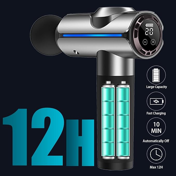 Percussion Massage Gun, Electric Handheld Muscle Back Massager, Deep Tissue Back Massage for Athletes for Pain Relief with 20 Speeds & LED Screen with Carry Case, Gift for Men/Women, Silver
