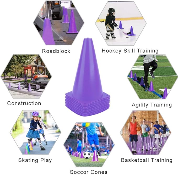 9 Inch Plastic Training Traffic Cones, Sport Cones, Agility Field Marker Cones for Soccer Basketball Football Drills Training, Outdoor Activity or Events - (Set of 10, 12, 15 or 24, 4 Colors)-StrideForce Fitness