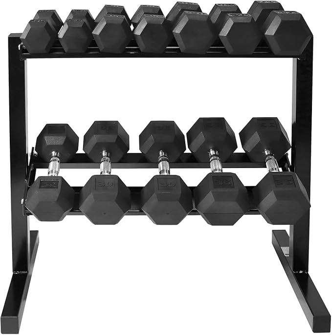WF Athletic Supply Rubber Coated Hex Dumbbell Set with Two Tier Premium Storage Rack Built for Strength Building, Weight Loss & Home Gym – Multiple Sets Available-StrideForce Fitness