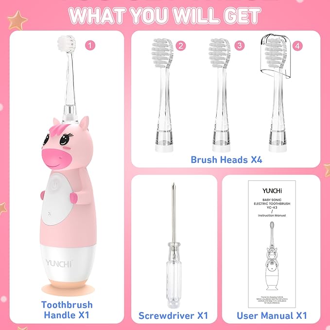 YUNCHI Toddler Electric Toothbrush Kids 0-3-6 Years, Baby Electric Toothbrush with Colorful LED Light, Battery Powered Toddler Toothbrush with 2 Minutes Timer 4 Brush Heads, Infant Toothbrush (Pink)
