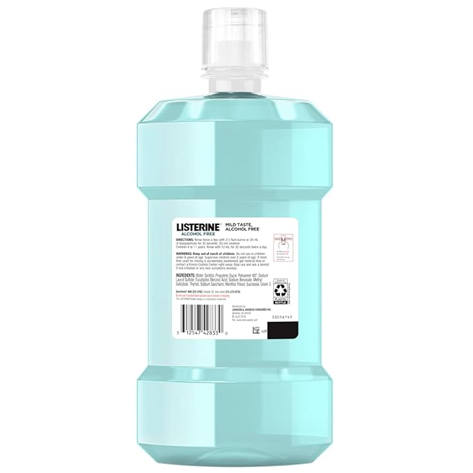 Listerine Alcohol-Free Mouthwash, Non Alcoholic Mint Oral Rinse Kills 99.9% of Germs That Cause Bad Breath for a Fresh Breath & Clean Mouth, Less Intense Taste, Cool Mint Flavor, 1 L (Pack of 2)