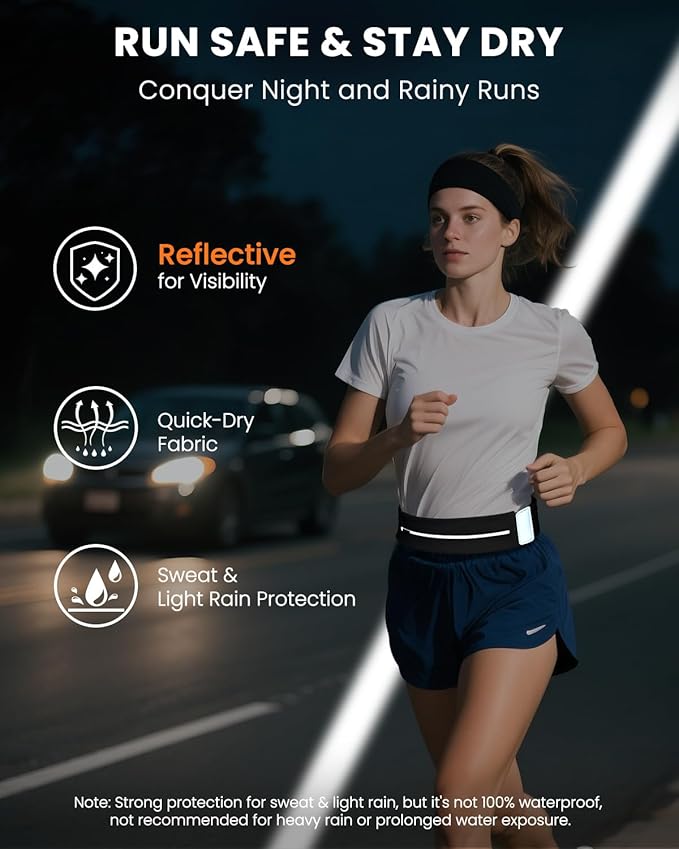Running Belt for Women and Men, Adjustable Fanny Packs No Bounce Phone Holder for Running with Water Bottle & Headband, Waterproof Reflective Waist Packs for Runner Fits All Phones (L-Black)