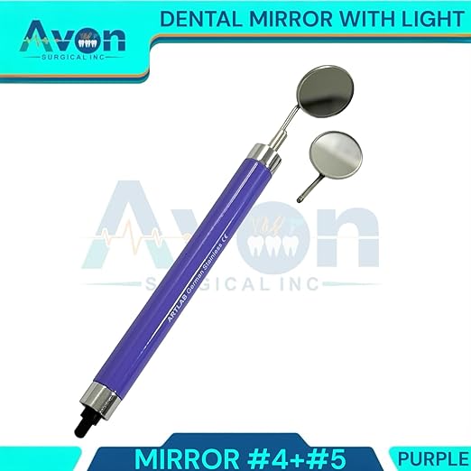 1 Piece - Dental Inspection Mouth Mirror Handle with LED Light Built-in, Mirror #4 + #5, Anti-Fog Removable Mirror Heads (Purple Handle)