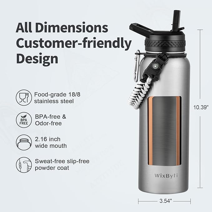 40 oz Insulated Water Bottle with Straw (Cold for 48 Hrs), Stainless Steel Triple Wall Vacuum Sports Water Jug, Leakproof Hydro Cup Flask with Paracord Handle & Straw Spout Lids & DIY Stickers-StrideForce Fitness