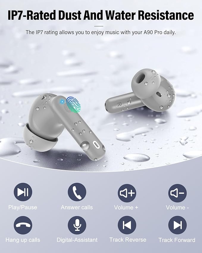 Wireless Earbuds, Bluetooth 5.4 Headphones Bass Stereo, Ear Buds with Noise Cancelling Mic, IP7 Waterproof in Ear Earphones, 36H LED Display Bluetooth Earbuds for Laptop Pad Phones Sports, Grey-StrideForce Fitness