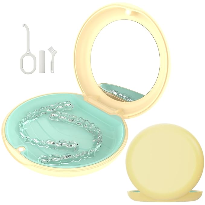 Retainer Case with Mirror, Compatible with Invisalign, Cute Slim Orthodontic Aligner Case with Silicone Pad, Yellow