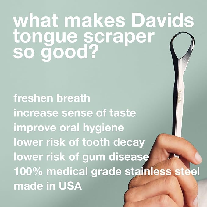 Davids Tongue Scraper for Adults and Kids, 100% Medical Grade Professional Stainless Steel Tongue Scraper, Made in USA