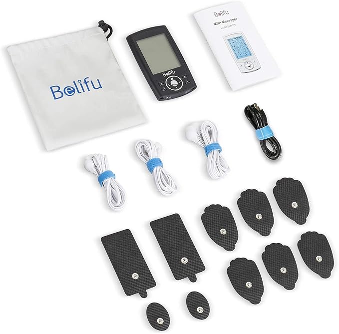 Belifu Dual Channel TENS EMS Unit 24 Modes Muscle Stimulator for Pain Relief Therapy, Electronic Pulse Massager Muscle Massager with 10 Pads, Dust-Proof Drawstring Storage Bag, Fastening Cable Ties-StrideForce Fitness