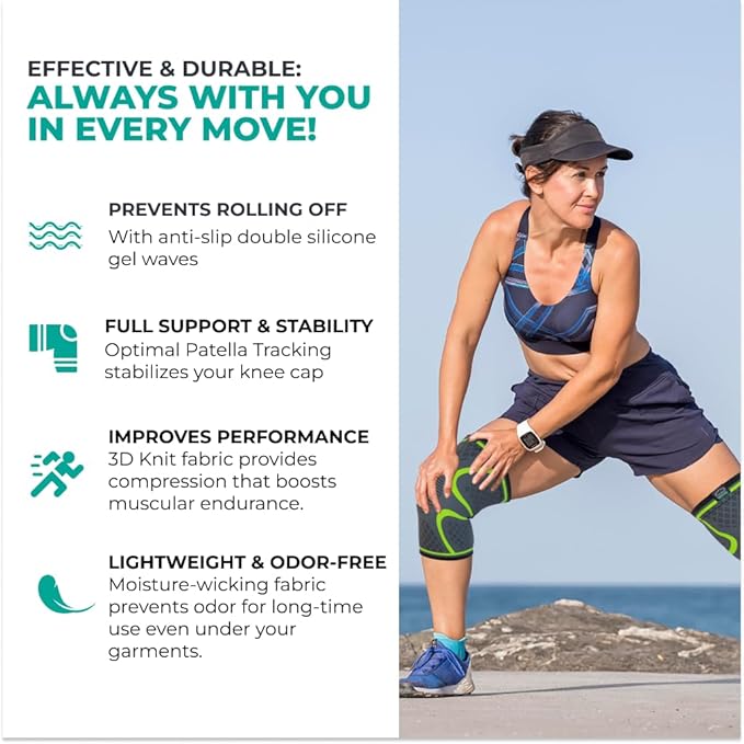 Modvel 2 Pack Knee Brace | Knee Compression Sleeve for Men & Women | Knee Support for Running | Medical Grade Knee Pads for Meniscus Tear, ACL, Arthritis, Joint Pain Relief. (Large, Green)
