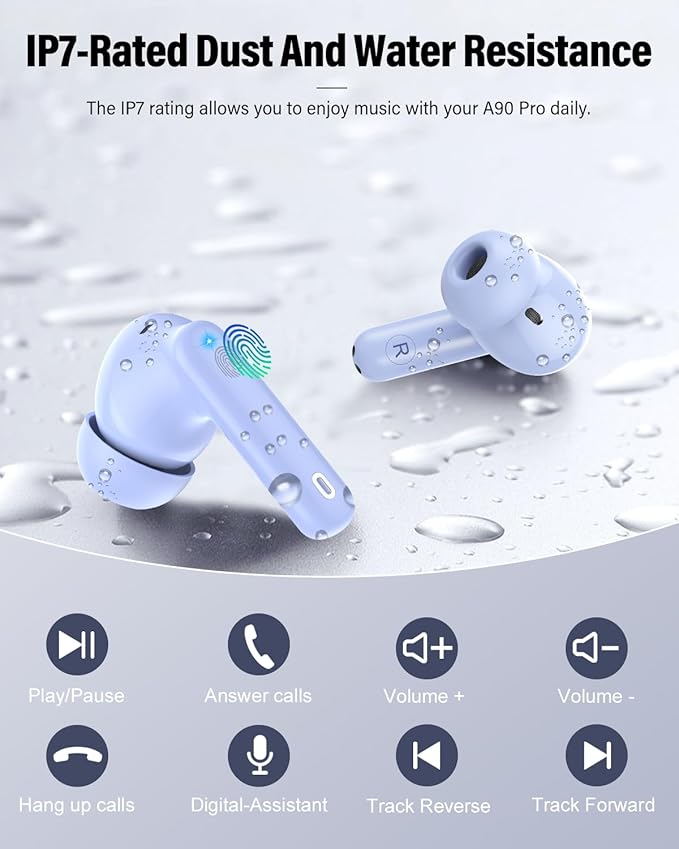Wireless Earbuds, Bluetooth 5.4 Headphones Bass Stereo, Ear Buds with Noise Cancelling Mic, IP7 Waterproof in Ear Earphones, 36H LED Display Bluetooth Earbuds for Laptop Pad Phones Sports, Pale Blue-StrideForce Fitness