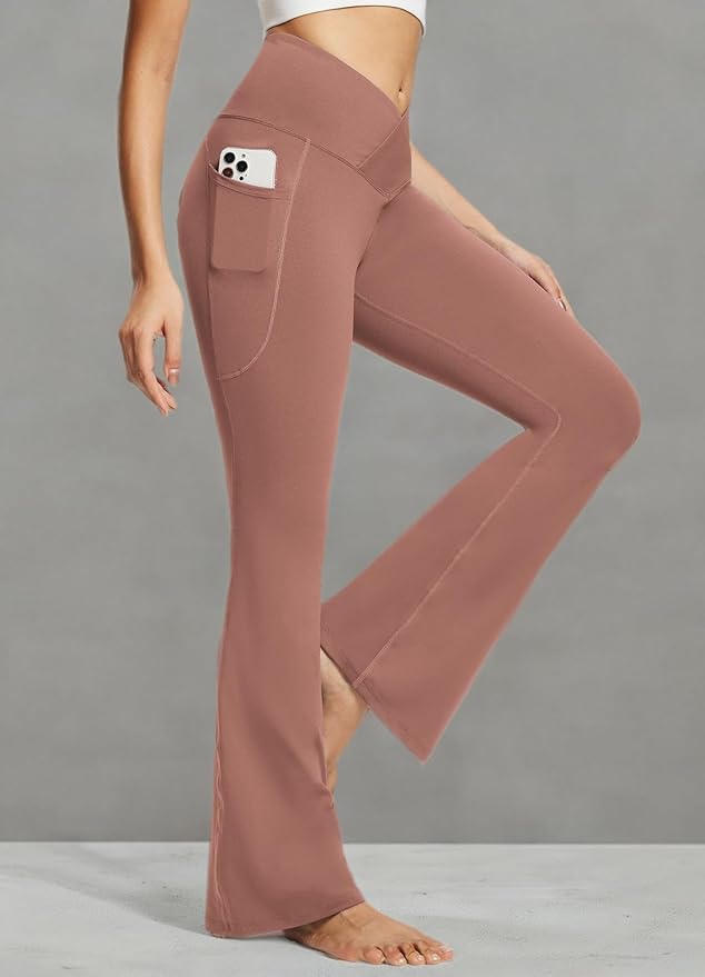 baleaf Women's V Crossover Flare Leggings with Pockets Yoga Pants High Waist Casual Workout Gym Bell Bottom Leggings-StrideForce Fitness