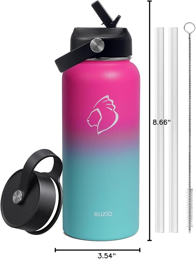 BUZIO Insulated Water Bottle with Straw Lid and Flex Cap, 32oz Double Wall Vacuum Stainless Steel Thermo with Wide Mouth Lid, Cold 48 Hrs Hot 24 Hrs Sweat Proof Flask, Rose and Green-StrideForce Fitness