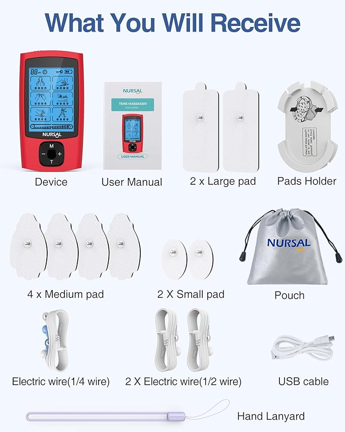 NURSAL 24 Modes TENS Unit Muscle Stimulator, Rechargeable Electronic Pulse Massager with 8 Pads for Back and Shoulder Pain Relief and Muscle Strength (Red)-StrideForce Fitness