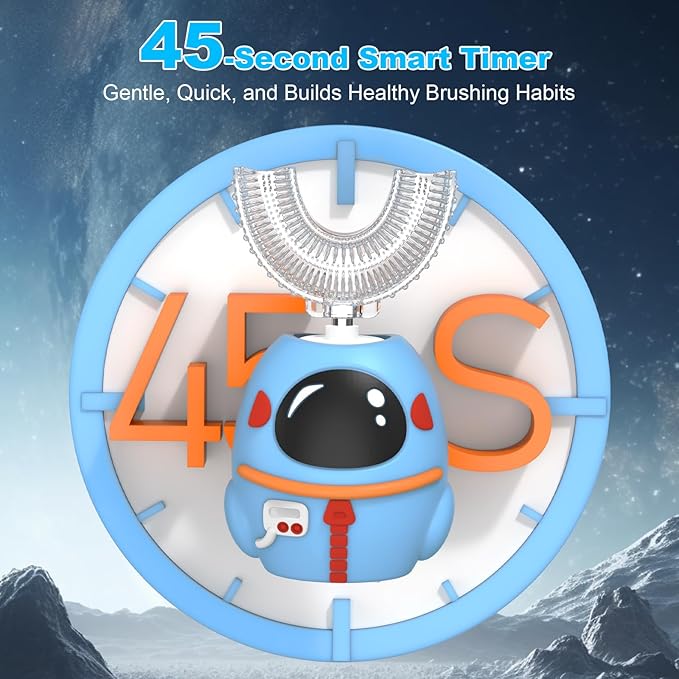 FTOYIN Kids Electric Toothbrush, U Shaped Toothbrush with 4 Brush Heads, Ultrasonic 360° Cleaning, 5 Modes, Smart 45s Timer, IPX7 Waterproof (Ages 2–12)