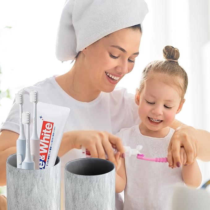 Marble Grey Toothbrush Holders - 2 Ceramic Toothbrush Holders for Bathrooms Toothbrush Toothpaste Holders Set, Grey Bathroom Tumbler Cups Reusable Toothbrush Mouthwash Cup, Bathroom Counter Organizer.