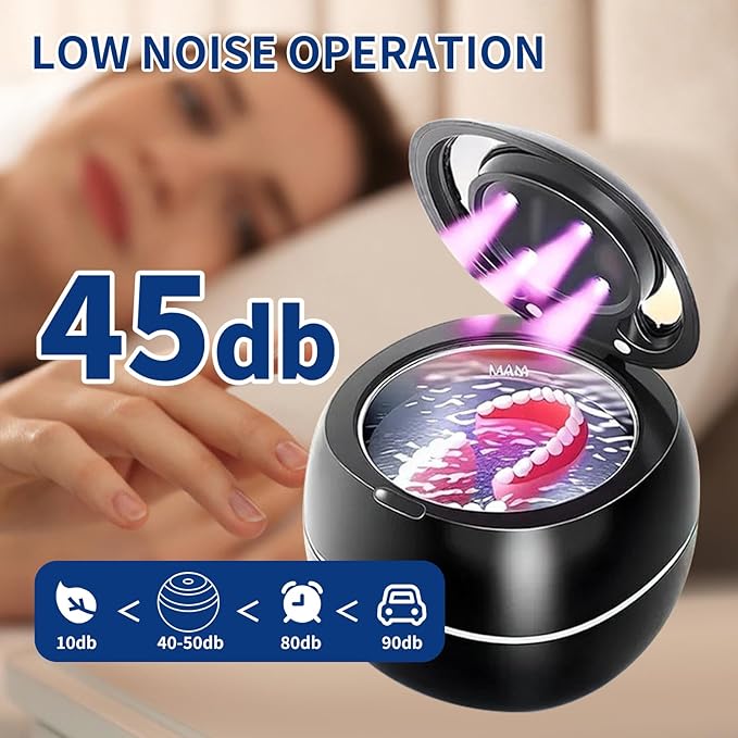 Ultrasonic Denture Cleaner Machine,Portable 42kHz with UV Light Sonic False Teeth Cleaning Kit for Retainers, Aligners, Dentures, Mouthguards, Braces, Jewelry - One Button Operation, Black