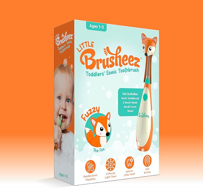 Brusheez Little Toddlers’ Sonic Toothbrush - Safe & Gentle Toothbrush for Ages 1-3 with Built-in, Light-Up 2-Minute Timer, Extra Brush Head, & Storage Base for First-Time Brushers (Fuzzy The Fox)