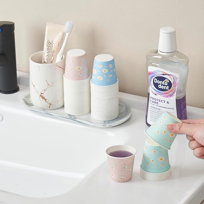 Tamone 600 Pack 3 oz Paper Cups, Small Bathroom Cups, Disposable Cups, Mini Paper Cups Daisy Design Pink, Blue, Mouthwash Cups for Party, Picnic, BBQ, Travel, Home and Event
