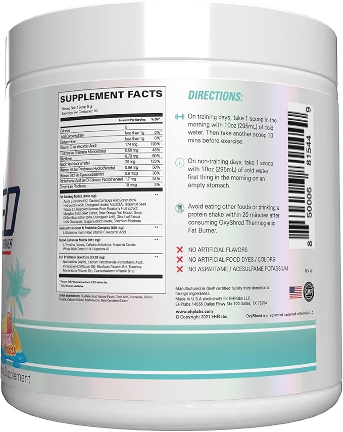 EHP Labs OxyShred Pre Workout Powder - Preworkout Powder with L Glutamine & Acetyl L Carnitine, Energy Boost Drink - Bahama Breeze, 60 Servings-StrideForce Fitness