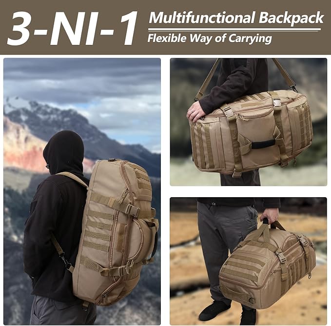 55L Large Duffle Bag, 3-in-1 Tactical Backpack MOLLE Pack for Gym, Sports, Outdoor, Coyote-StrideForce Fitness