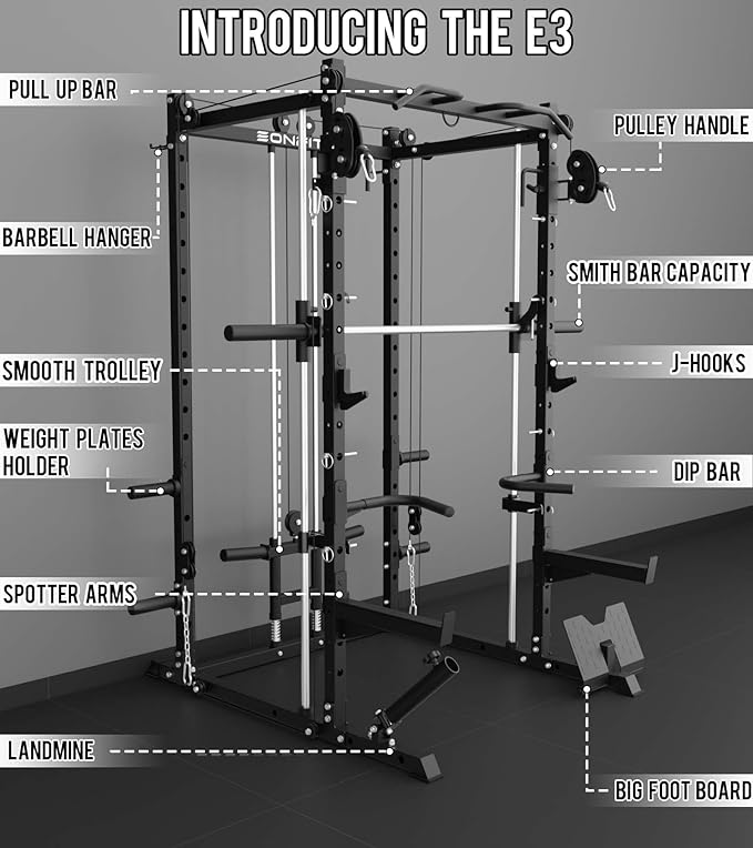 Eonfit E3 Smith Machine with 360°Rotating Arm for Home Gym Equipment, Multi-Function Power Cage Squat Rack with Cable Crossover LAT Pulldown Pulley System All in One-StrideForce Fitness