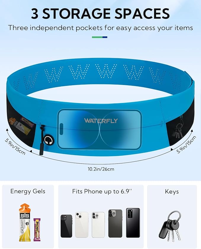 WATERFLY Running Belt Fanny Pack: Slim Waist Bag for Men Women, Workout Fitness Phone Holder for Exercise Marathon Jogging-Blue
