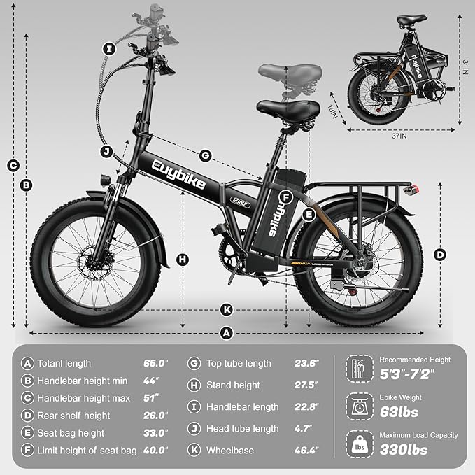 Foldable Electric Bike for Adults, 30+MPH, 48V 20Ah Removable Lithium Battery up to 80Miles, 20" Fat Tire 1000W Peak Motor Dirt Ebike Adult Electric Bicycle for Commute Beach Mountain E Bike-StrideForce Fitness