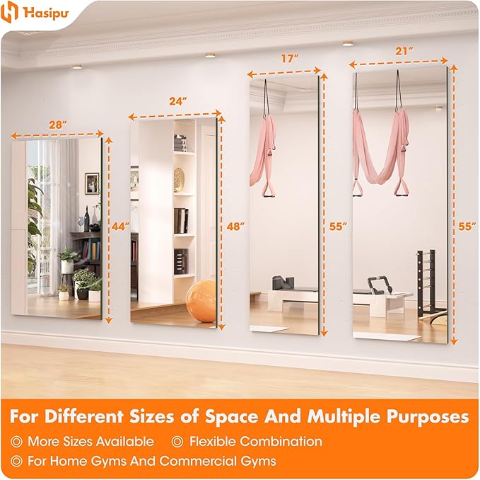Hasipu Home Gym Mirror 55" L x 17" W - 2PCS Large Full Body Mirror for Yoga, Wall-Mounted Mirrors for Fitness, Garage, Dance Studio, 0.16in Tempered Glass Frameless-StrideForce Fitness