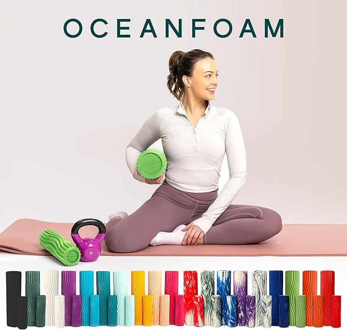 Oceanfoam Tidal Roller - Algae Green - Muscle Massage Foam Roller for Back Pain & Stretching - Firm and Ergonomic Wide Wave Textured - Yoga, Athletics, & Wellness - Full Size, 20" x 5"-StrideForce Fitness