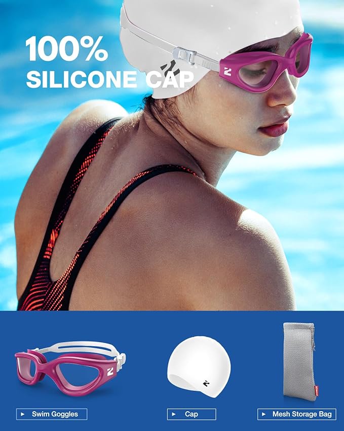 ZIONOR G1 Lite Swim Goggles with Swim Cap Comfortable Anti-fog Swimming Goggles Cap Set for Adult Men Women-StrideForce Fitness
