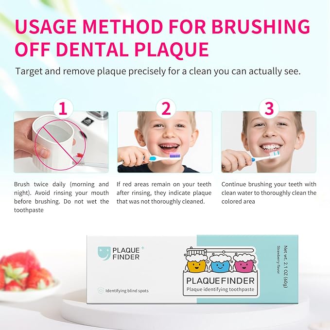 Plaque Disclosing Toothpaste for Kids & Adults, Strawberry Flavor with Fluoride, Fun Oral Health Learning Tool for Ages 3+, See & Clean Plaque in One Step, 2.1 oz