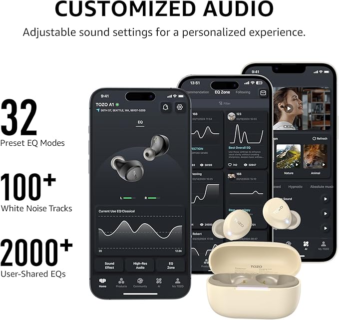 TOZO A1 Wireless Earbuds Bluetooth 5.3 Light Weight in Ear IPX5 Waterproof Headphones 2 Mic for AI Calls, Immersive Premium Sound Bass Headset with Charging Case, 32 Presets EQ Customization via App-StrideForce Fitness