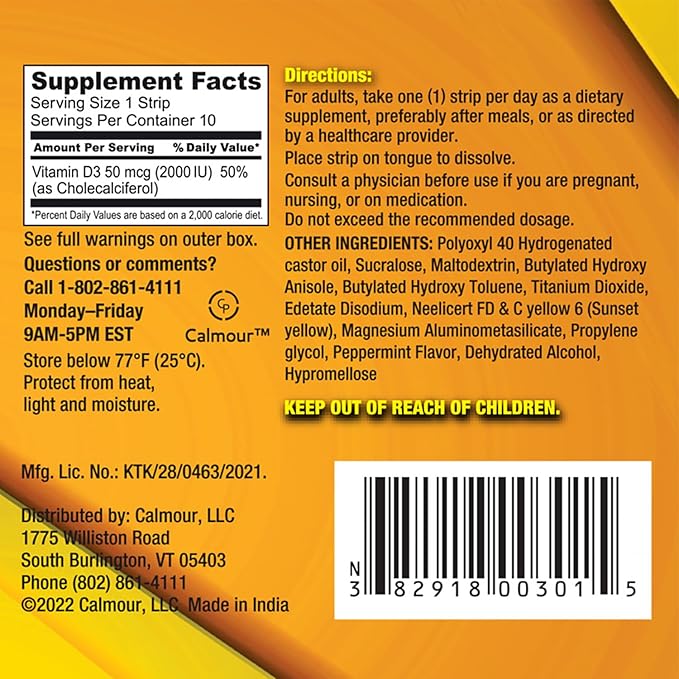 Vitamin D3 Strips 10 Pack| 2000 IU Oral Dissolvable D3 Vitamin Strips | Peppermint Flavor Melts on Your Tongue in 30 Seconds | Boost Immunity & Enhance Mental Focus with Vitamin D3 2000