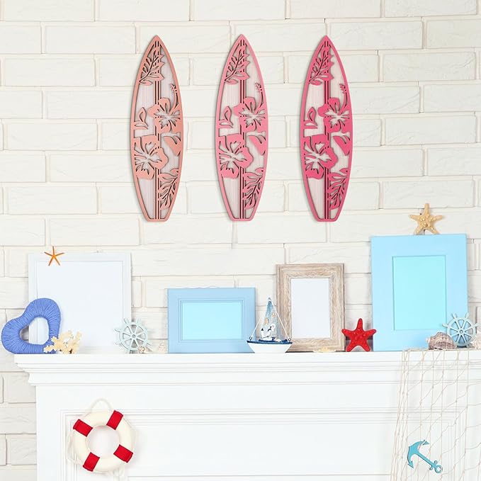 3 Pieces Hibiscus Surfboard Decor for Bedroom Wooden Beach Wall Decor Summer Wood Surfboard Wall Hanging Sign for Tropical Living Room Decoration(Pink)-StrideForce Fitness