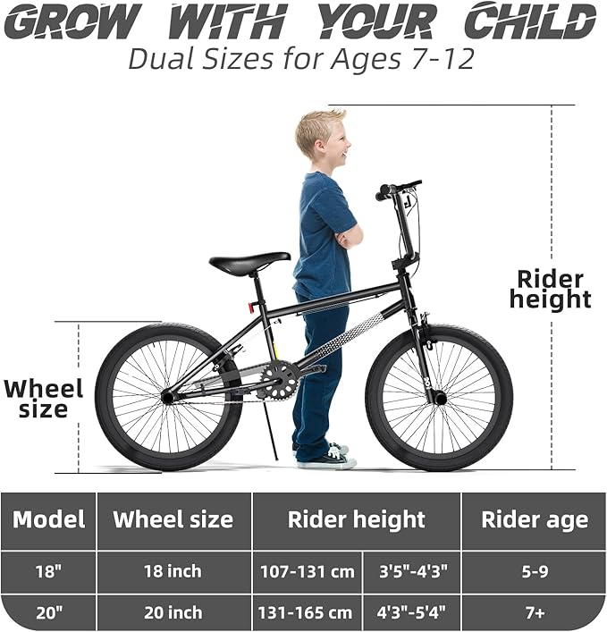 67i Boys BMX Bike 18/20 Inch Ages 8-12 Kids Bicycle with Front Rear U Brake Adjustable Seat Iron Fork 2.09" Wide Tires-StrideForce Fitness