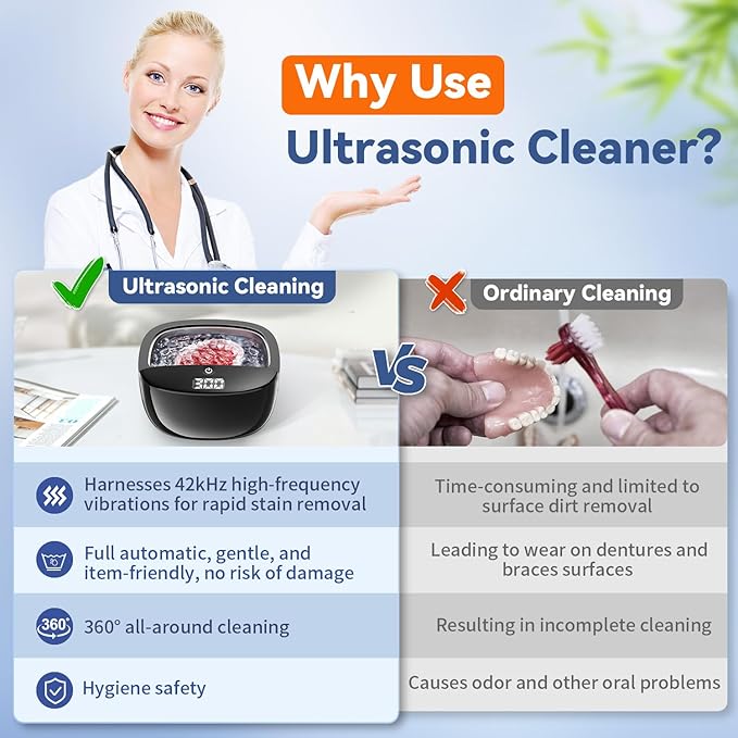 Ultrasonic Retainer Cleaner, 45kHz Dental Cleaning Pod for Dentures, Aligners, Night Guards & Jewelry, 150ML Denture Cleaner 2 Timed Modes & Travel Design (Black, 130ML Ultrasonic Machine)