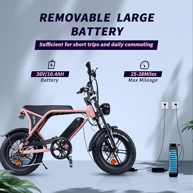 Electric Bike for Adults, Fat Tire EBike, 36V 10.4Ah Removable Battery, 500W Upgrade Motor, 20MPH Commuter Bike, V8 Mini Electric Bicycle for Mountains, Snow, Sand, Road-StrideForce Fitness