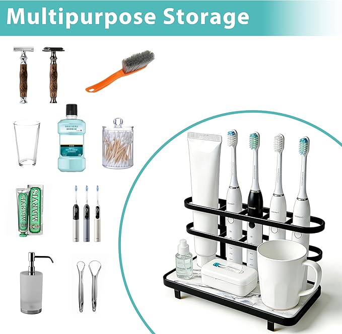 Electric Toothbrush Holders for Bathrooms, Bathroom Counter Organizer with Quick Dry Diatomaceous Earth Mat, 5 Slots Toothbrush and Toothpaste Holder Black, for Bathroom Sink Organizer Countertop