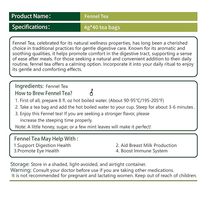 Samcci - Fennel Tea,4g×40 Teabags,100% Natural & Pure Fennel Seeds Herbal Tea - Non-GMO - Caffeine-free - Helps Improve Digestion & Immune System-StrideForce Fitness