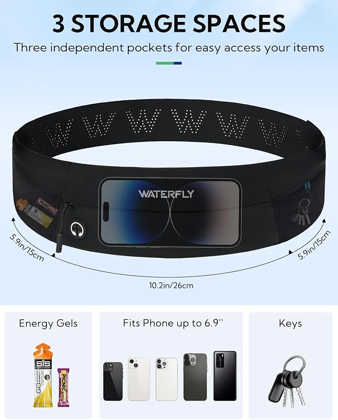 WATERFLY Running Belt Fanny Pack: Slim Waist Bag for Men Women, Workout Fitness Phone Holder for Exercise Marathon Jogging-Black