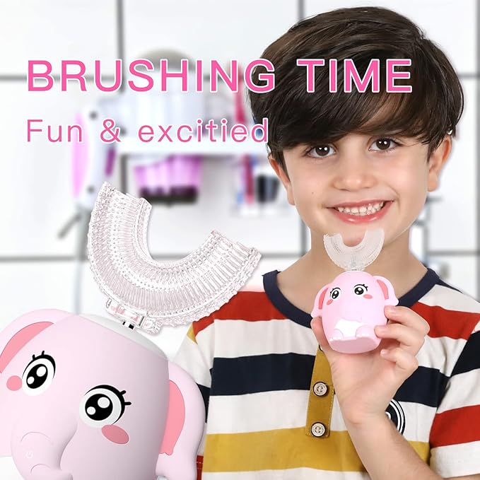 Kids Electric U Shaped Toothbrush Children Rechargeable Sonic Toothbrush with 4 Brush Heads Full Mouth 6 Cleaning Modes - (Age 2-7 Pink)