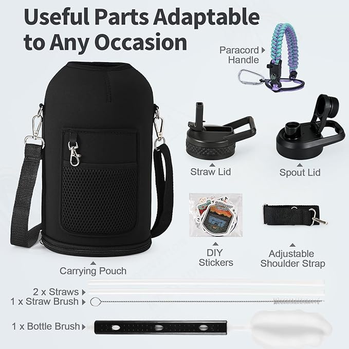One Gallon Water Bottle Insulated, Triple Wall Vacuum Cold for 48 Hrs & Leak-proof & Non-BPA, 128oz Large Sports Stainless Steel Water Jug with Paracord Handle Straw Spout Lids & DIY Stickers-StrideForce Fitness