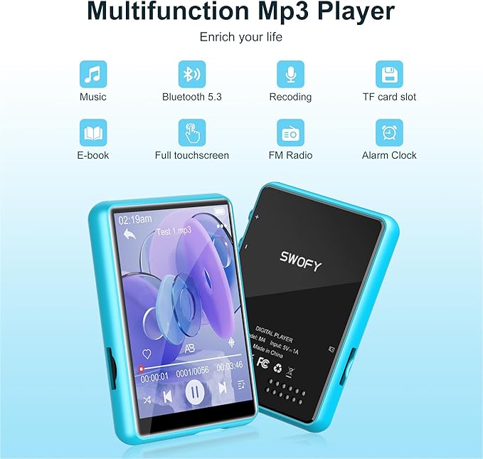 64GB Mp3 Player with Bluetooth 5.3 Blue, SWOFY M4 Music Player with 2.4" Touch Screen, HD Speaker FM Radio, Recording Support up 128GB-StrideForce Fitness