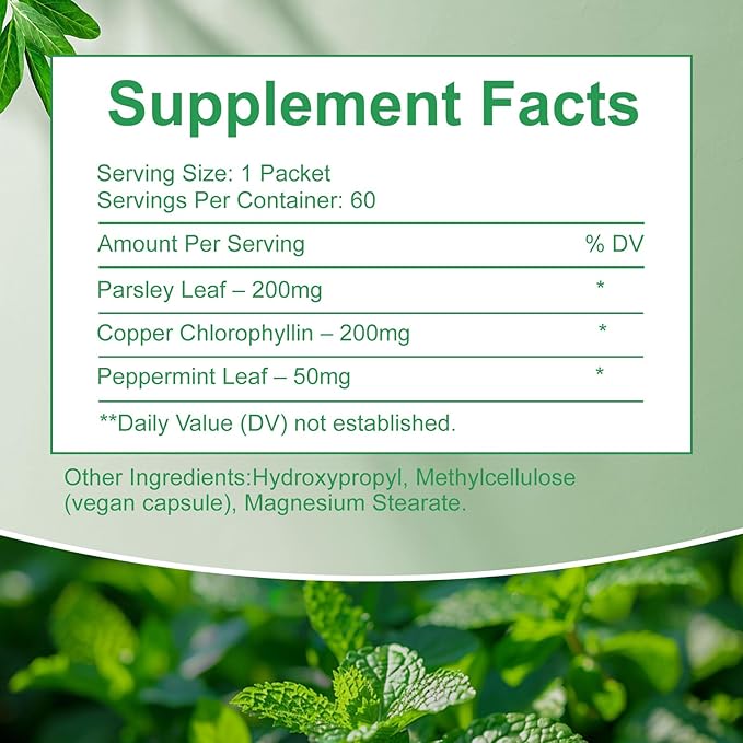 Body Deodorizing Supplement, Internal Deodorizer - Breath Freshening, Chlorophyll Capsules with Parsley & Organic Peppermint, for Skin, Bad Breath, and Gut Health, 60 Count