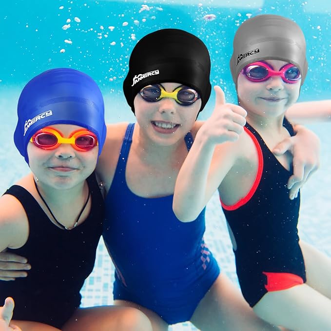 Janmercy 3 Pcs Swim Caps for Boys Girls Silicone Swimming Hat with 3D Ear Pockets for Age 6-15 Bath Hats Short/Long Hair with Ear Plug Nose Clip Supplies-StrideForce Fitness