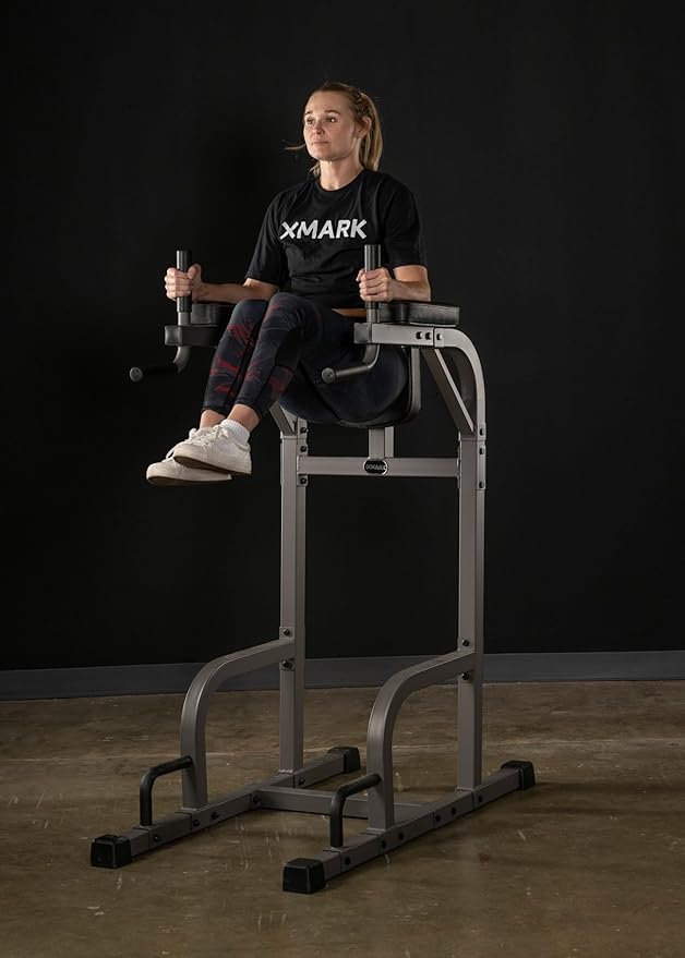 XMARK Knee Raise, Dip Stand with Push Up Station, Commercial Vertical Knee Raise, Captain's Chair, Upper Body and Core Workout Machine-StrideForce Fitness
