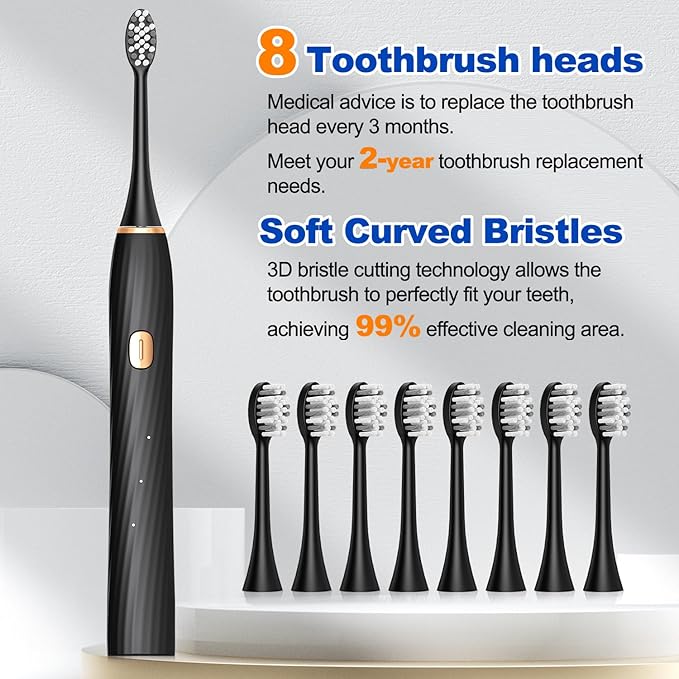 FXQQZZ Electric Toothbrush for Adults and Kids, with Tongue Scraper and Travel Case, 8 Brush Head, Smart Timer & 4 Modes Rechargeable Toothbrush, 42000 VPM Deep Clean, One Charge Last 90 Days - Black
