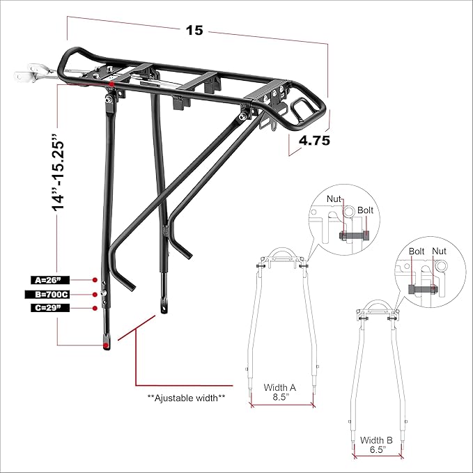 Ibera Bike Rack - Bicycle Touring Carrier Plus+ for Disc Brake/Non-Disc Brake Mount, Fat Tire Bikes, Frame-Mounted for Heavier Top & Side Loads, Height Adjustable for 26"-29" Frames-StrideForce Fitness